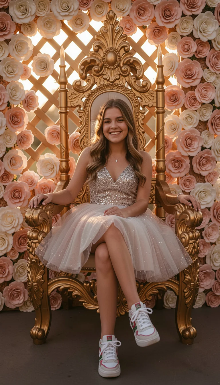 Debutante num trono dourado cercado de rosas, foto criada por IA