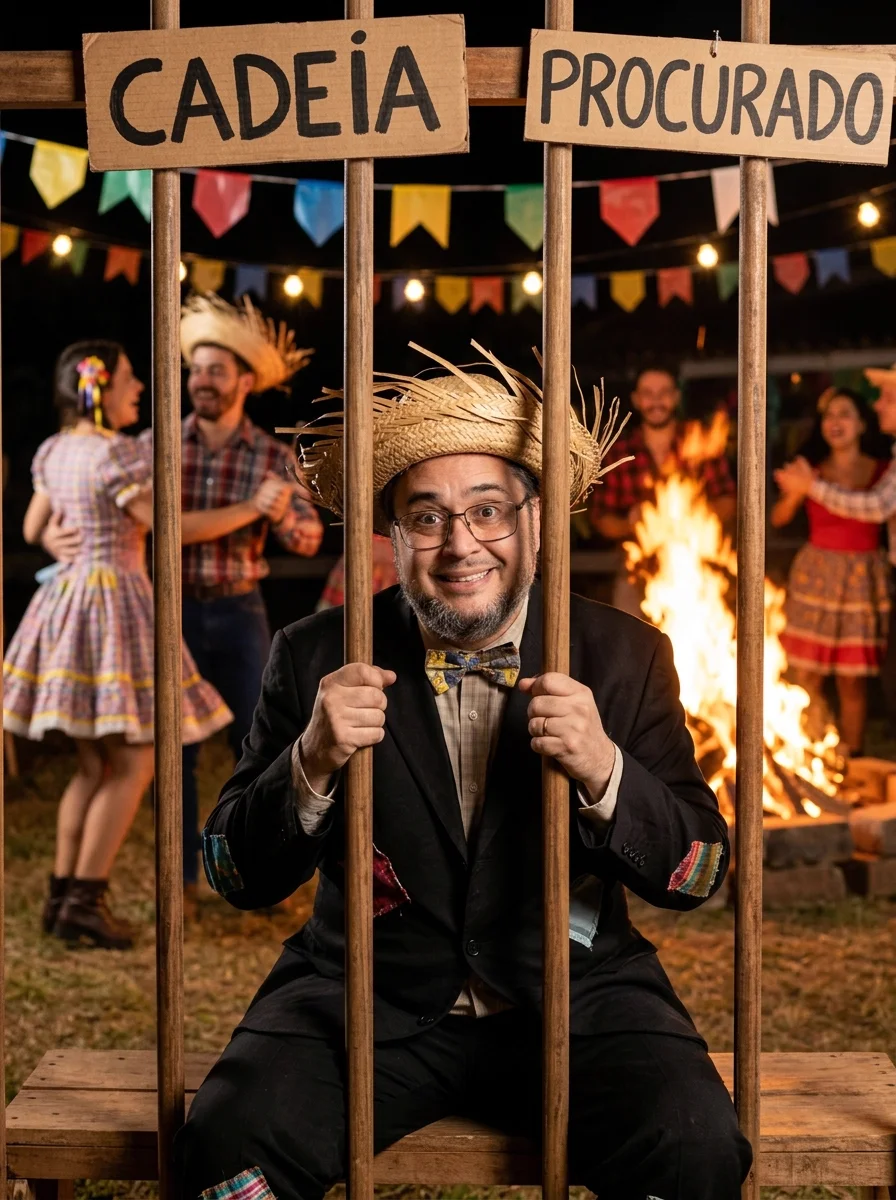 Convidado atrás das grades da cadeia cenográfica de festa junina, foto criada por IA