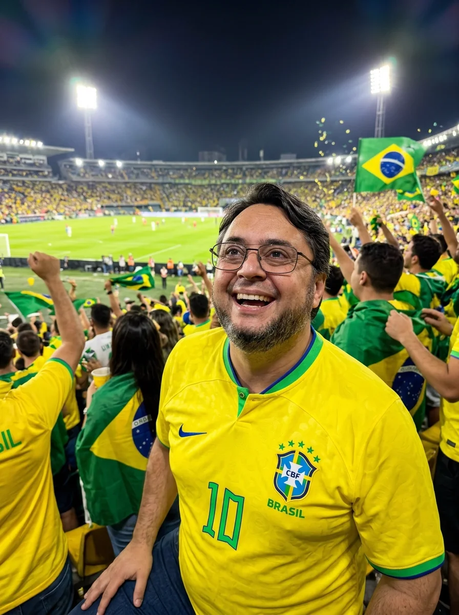 Convidado torcendo pelo Brasil no estádio lotado, foto criada por IA