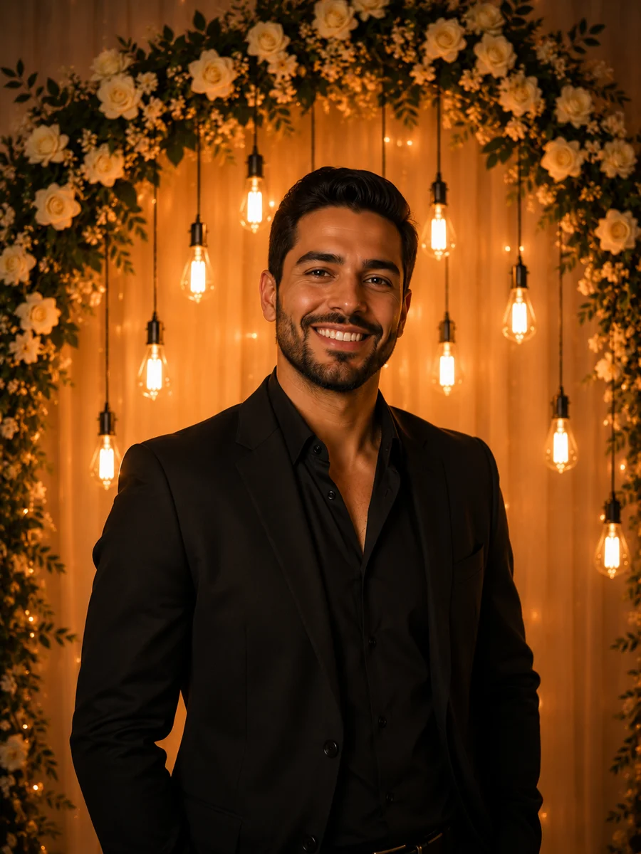 Convidado sob o arco de flores do casamento, foto criada por IA