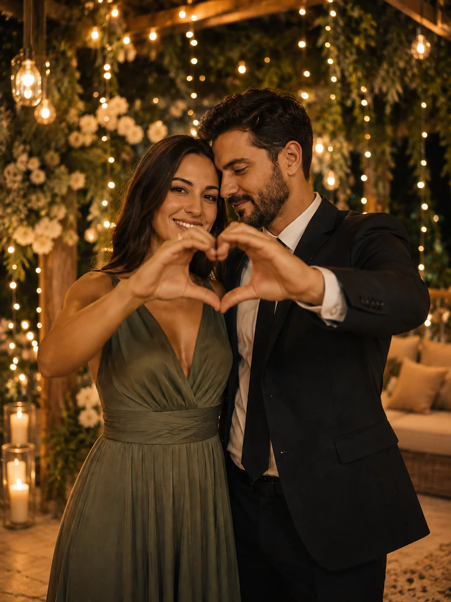 Casal fazendo coração com as mãos, foto criada por IA
