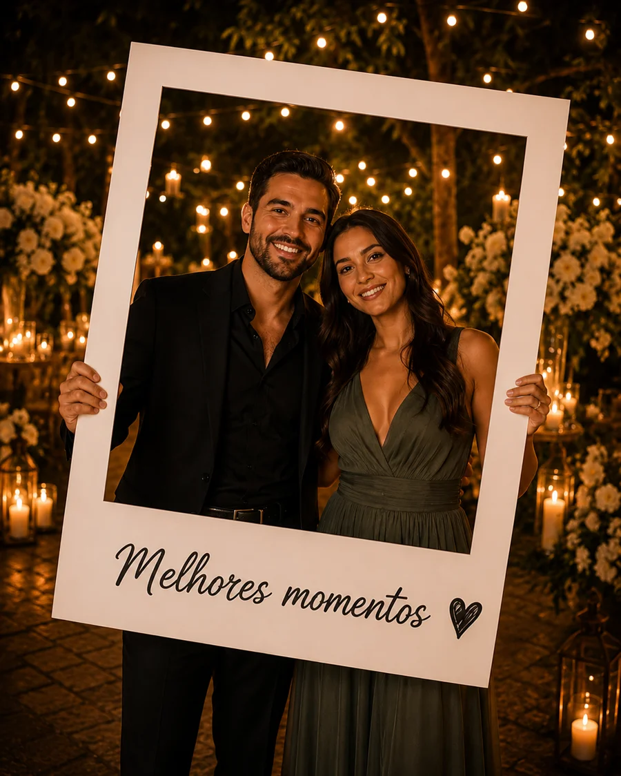 Casal segurando a moldura Melhores Momentos, foto criada por IA