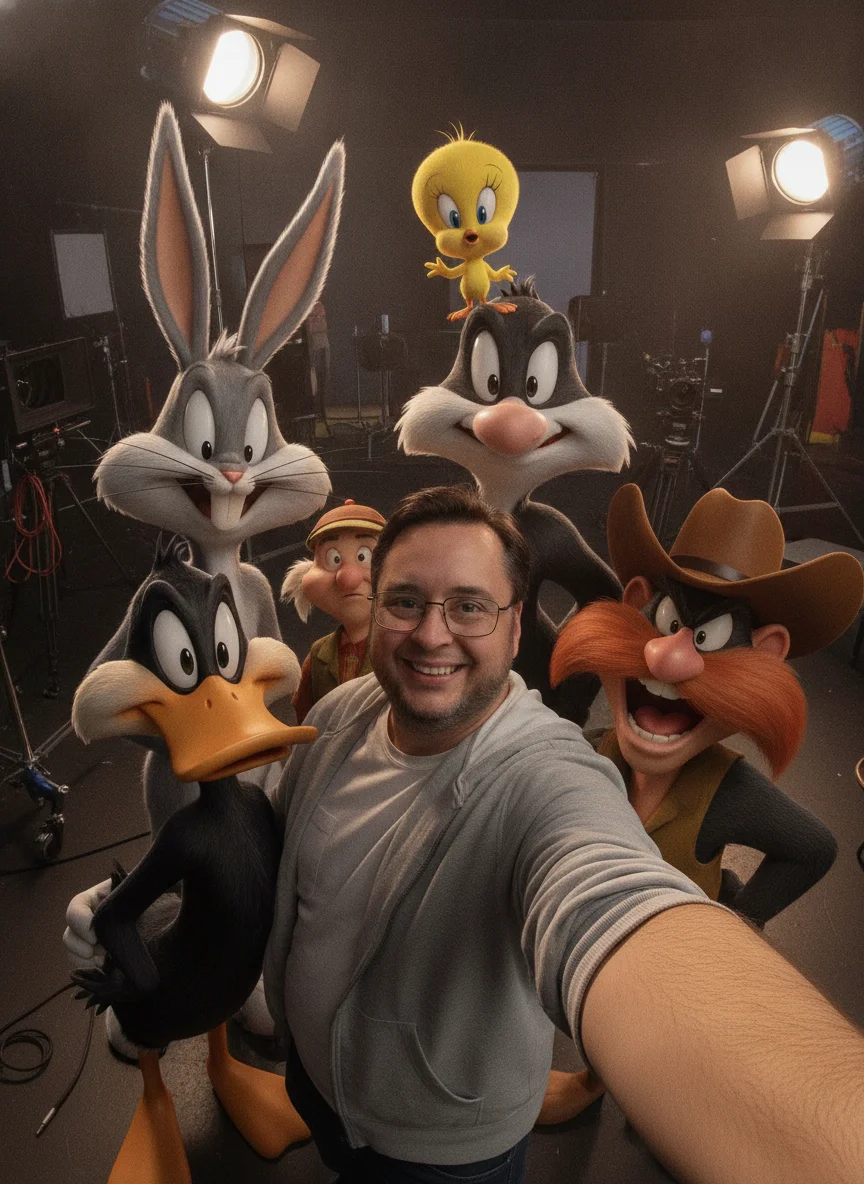 Convidado em selfie com personagens de desenho animado, foto criada por IA