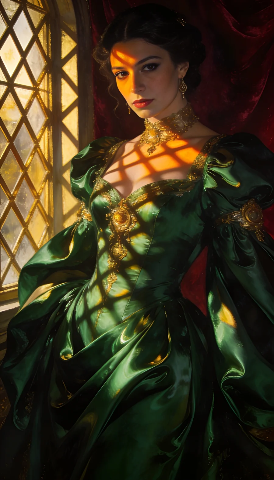 Convidada em vestido esmeralda estilo fantasia, foto criada por IA