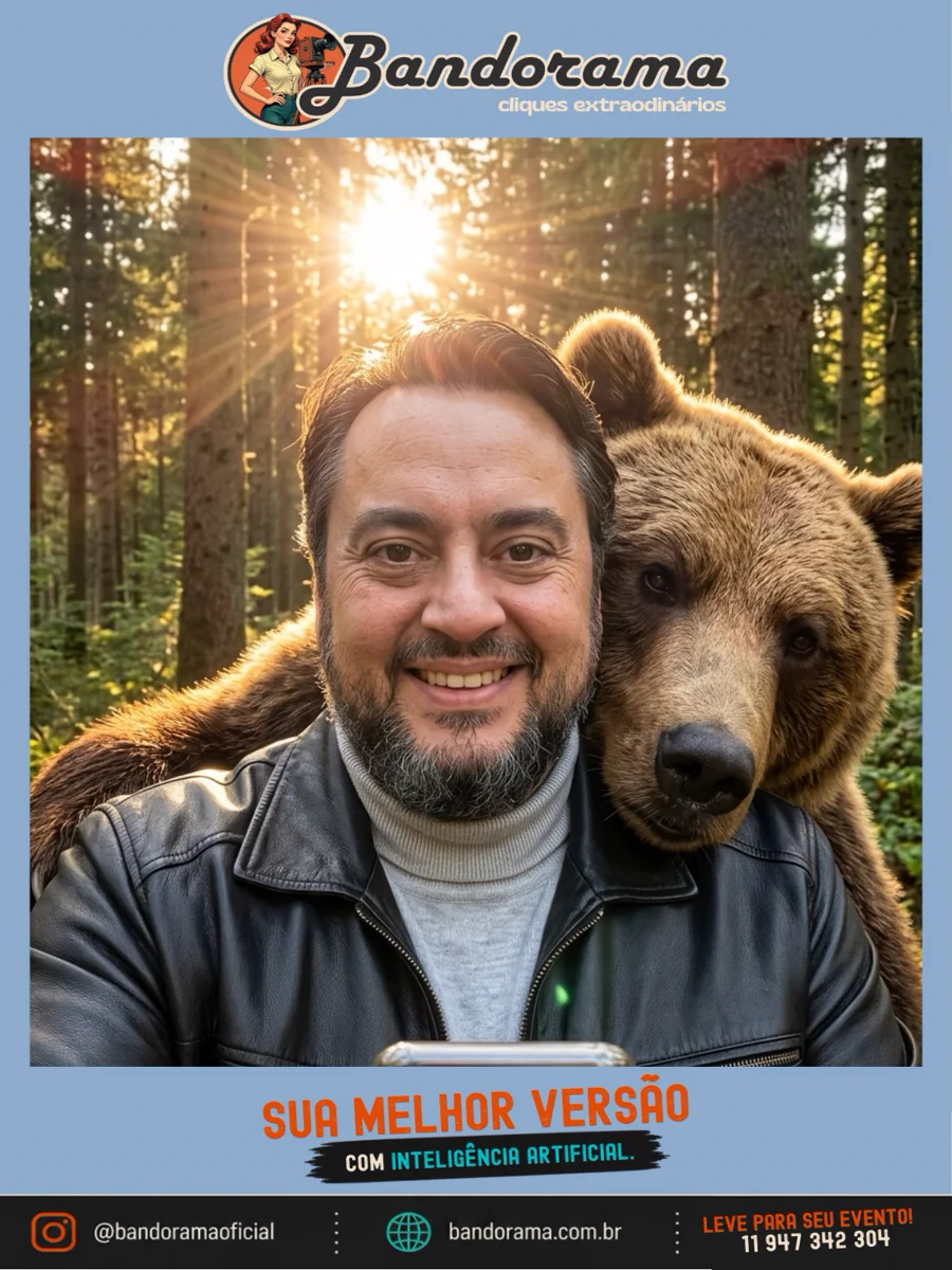 Depois: convidado em selfie com um urso na floresta, criada pela IA, com a moldura Sua Melhor Versão da Bandorama