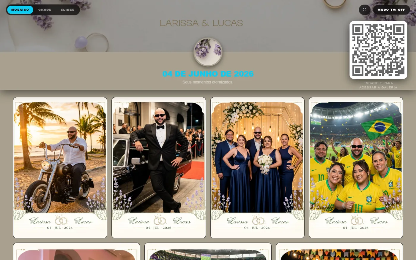 Galeria online do casamento de Laíssa e Lucas: mosaico de fotos com moldura personalizada, QR code e modos mosaico, grade e slides