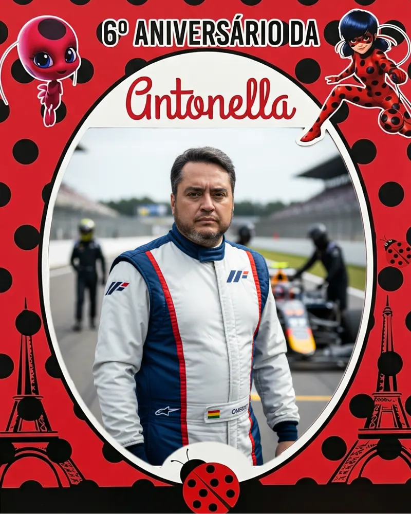 Aniversariante transformado em piloto de corrida pela IA, moldura do 6º aniversário da Antonella