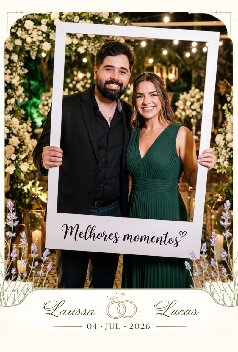 Casal segurando moldura Melhores Momentos no casamento de Laíssa e Lucas